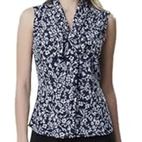 NWT Tahari Blue & White Floral Print Blouse – Bow Detail - Picture 1 of 3